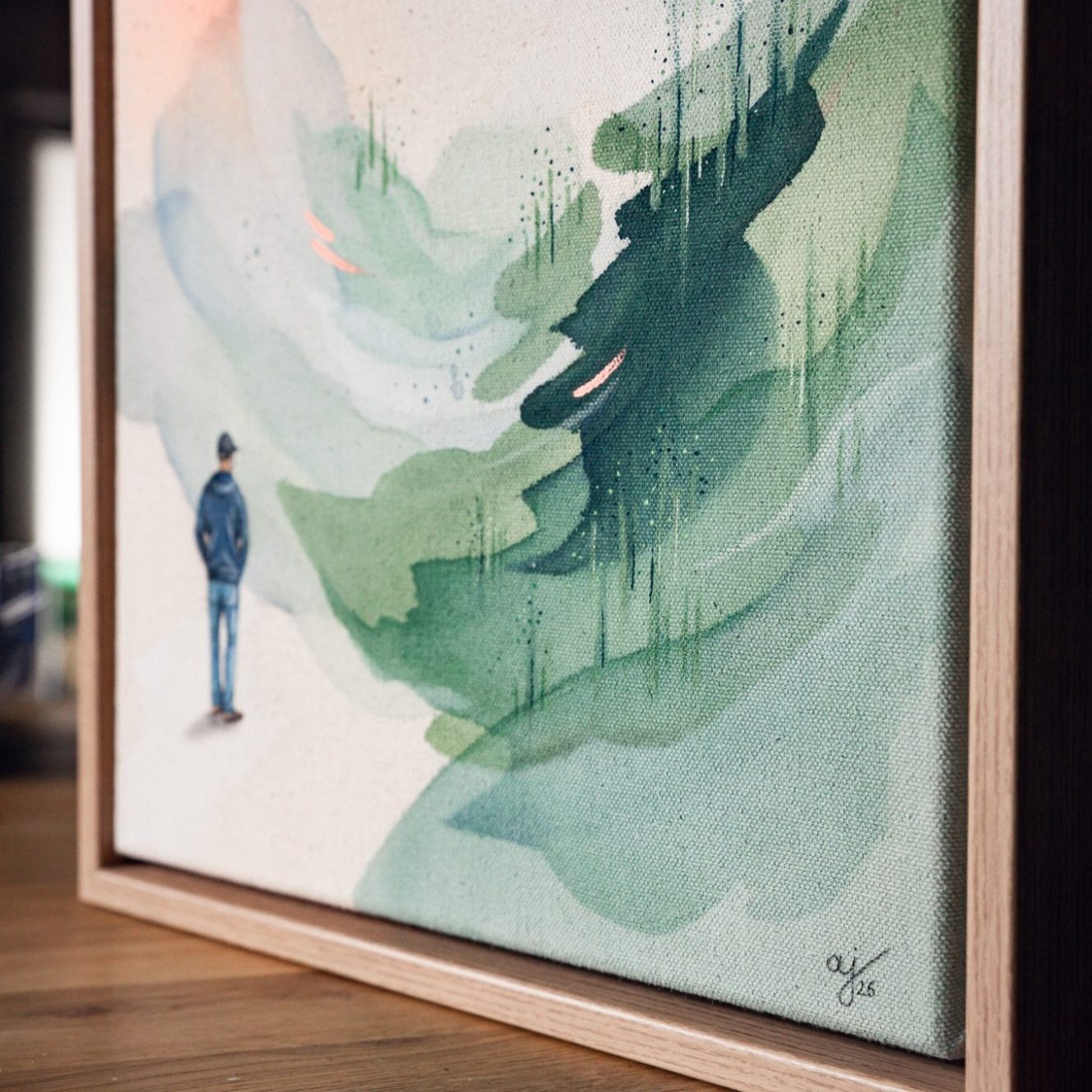 Wedding-Painting – Hochzeitsmalerei – Künstlerisches Gästebuch Holzscheibe mit Logo, umgeben von bunten, abstrakten Kunstwerken in Rahmung.