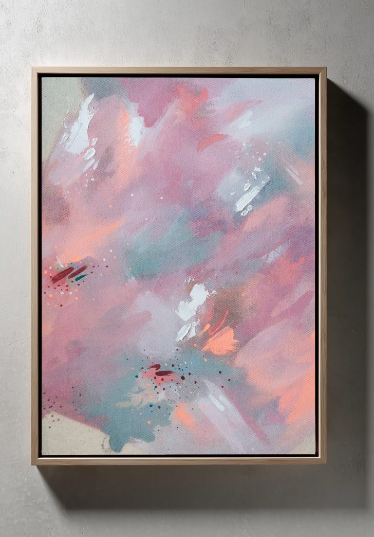 Abstrakte Malerei in sanften Rosa- und Blautönen mit roten Akzenten.