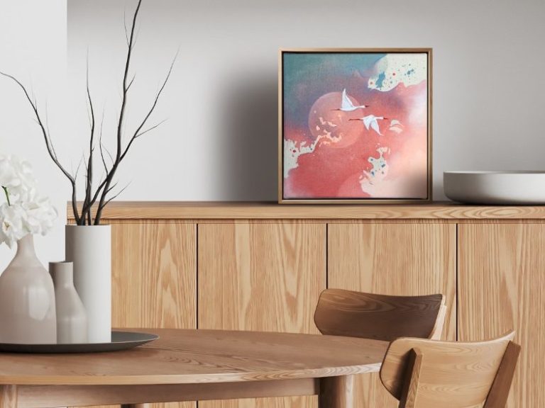 Abstraktes modernes Kunstwerk mit zwei Vögeln.